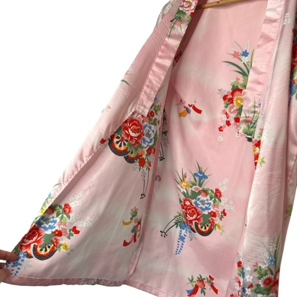 Vintage Pink Satin Floral Kimono Robe Made in Japan Coquette‎ XS S - Picture 6 of 14